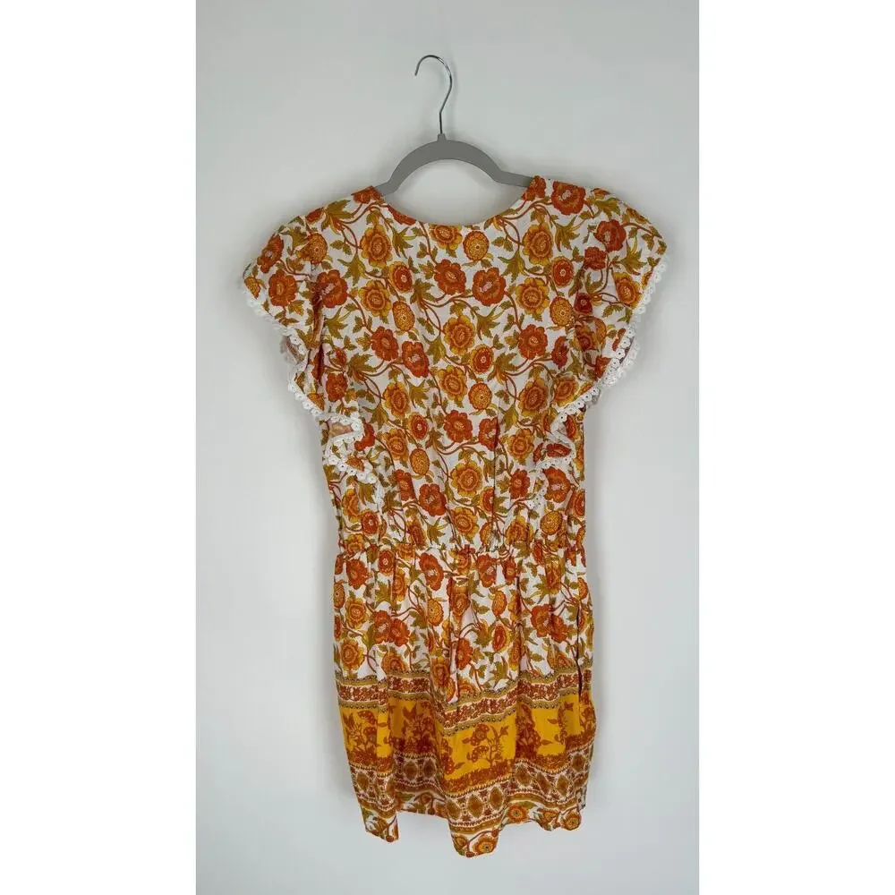 Entro Womens Orange Gold Floral Playsuit Romper Elastic Waist Size Small NWT